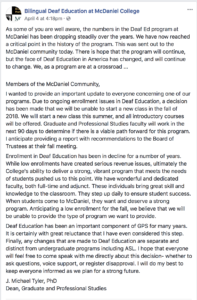 A post by McDaniel College about its Deaf Education program